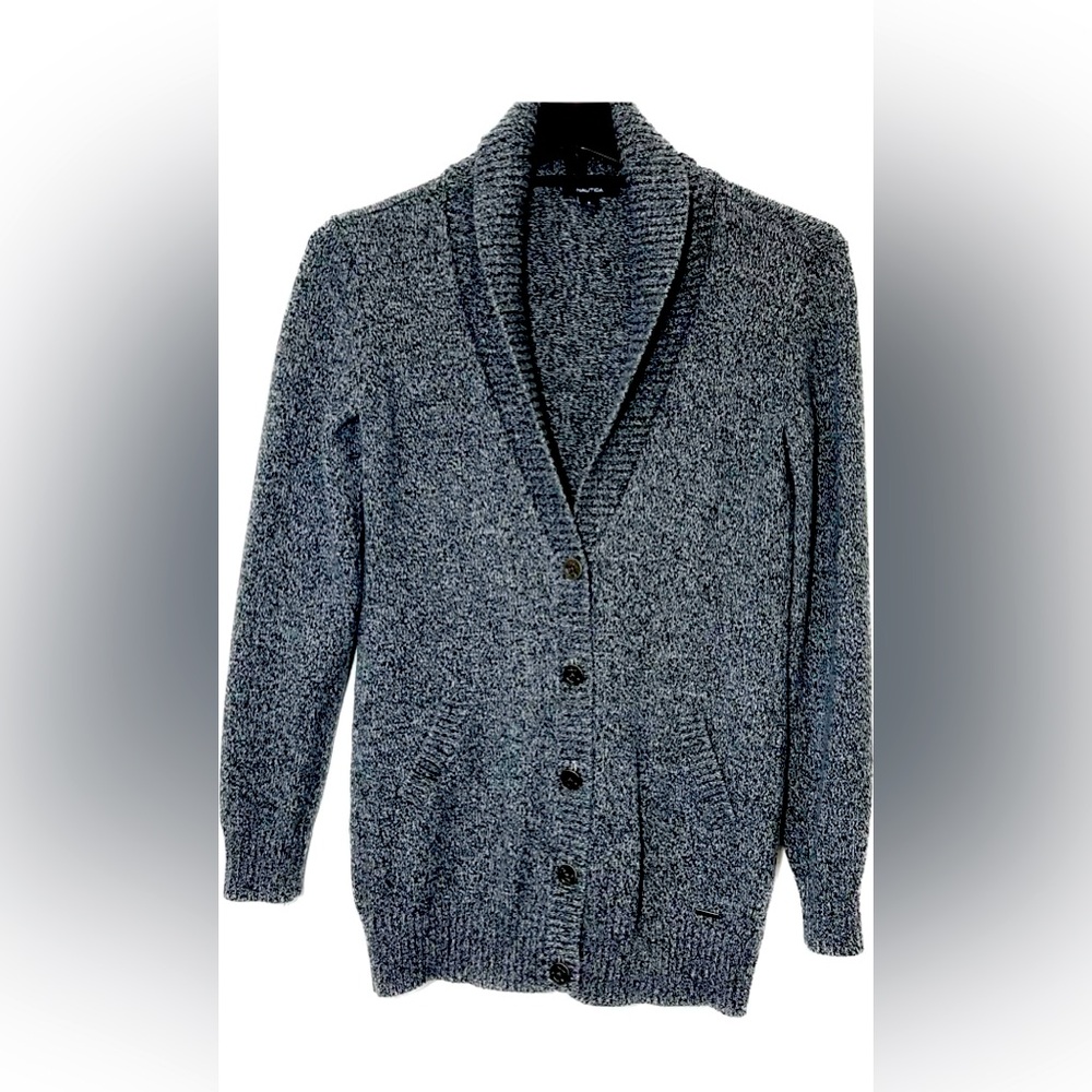 Nautica Cardigan Sweater 100% Cotton Navy Blue Grey Marled Shawl Collar Pockets